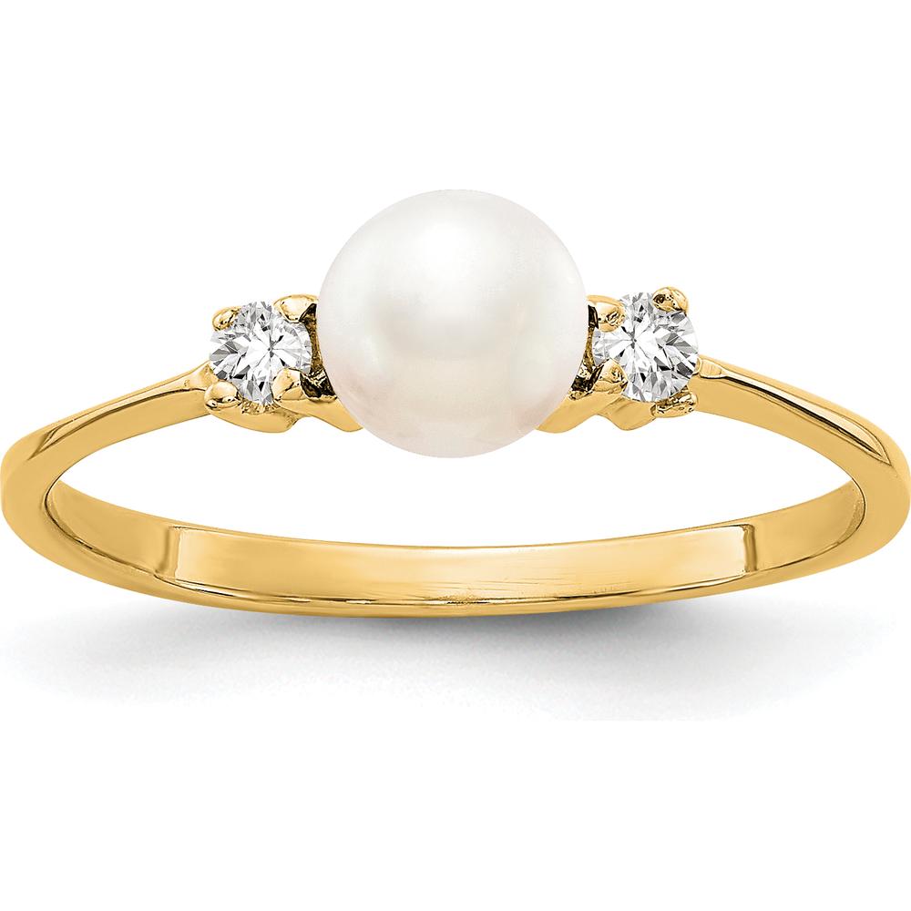 10K Yellow Gold 5mm Cultured Freshwater Pearl Ring with Round Diamonds - 0.039 Carat Total Diamond Weight