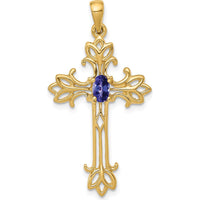 10K Yellow Gold 5x3mm Oval Tanzanite Cross Pendant - 0.270 Carat Total Tanzanite Weight