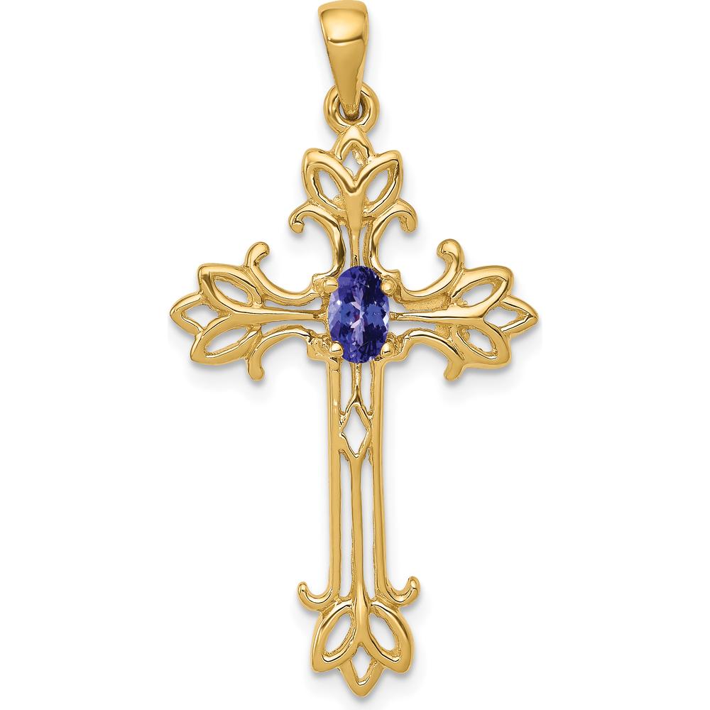 10K Yellow Gold 5x3mm Oval Tanzanite Cross Pendant - 0.270 Carat Total Tanzanite Weight
