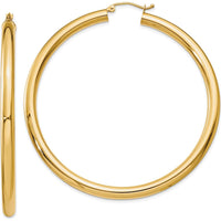 10K Yellow Gold 60mm Polished 4mm Tube Hoop Earrings