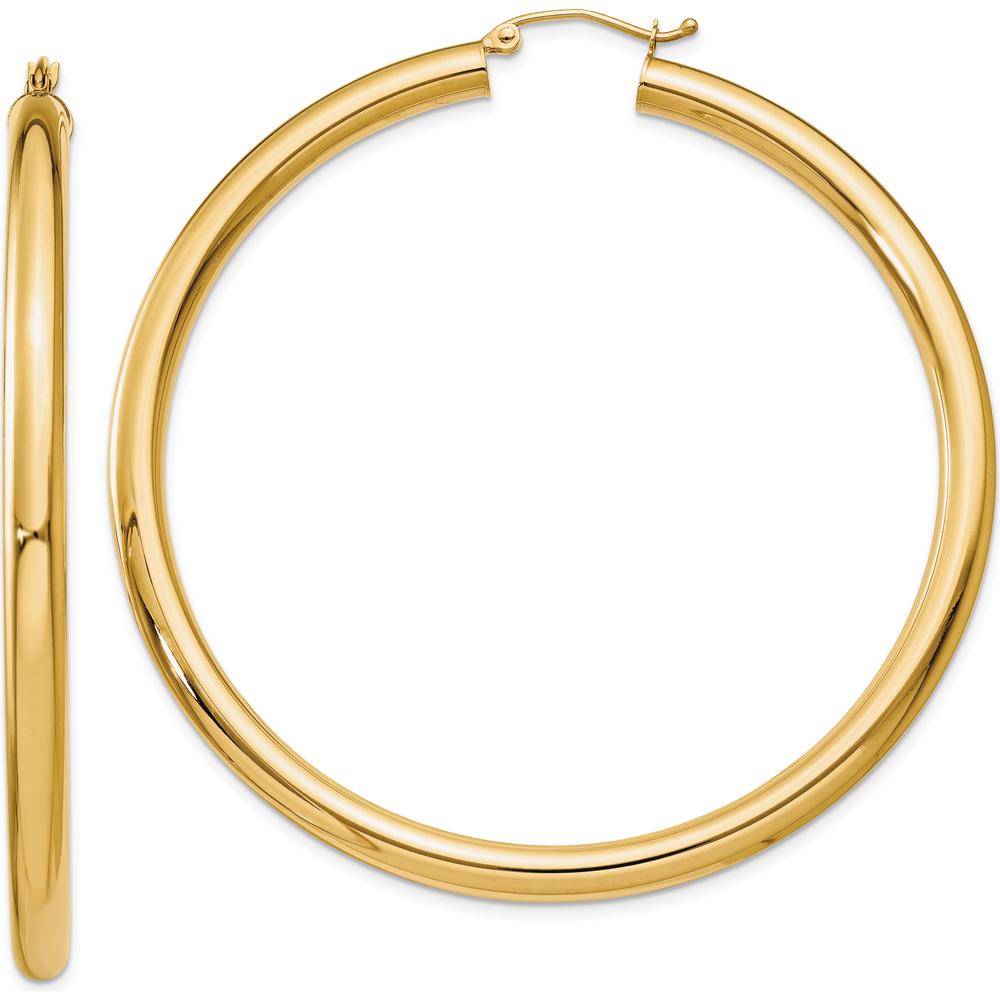 10K Yellow Gold 60mm Polished 4mm Tube Hoop Earrings