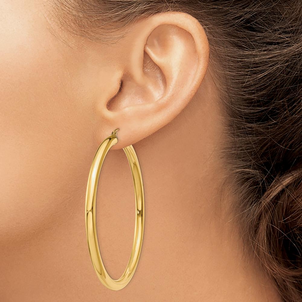 10K Yellow Gold 60mm Polished 4mm Tube Hoop Earrings