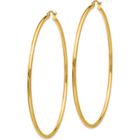 10K Yellow Gold 60mm Polished Tube Hoop Earrings - 2mm Thickness