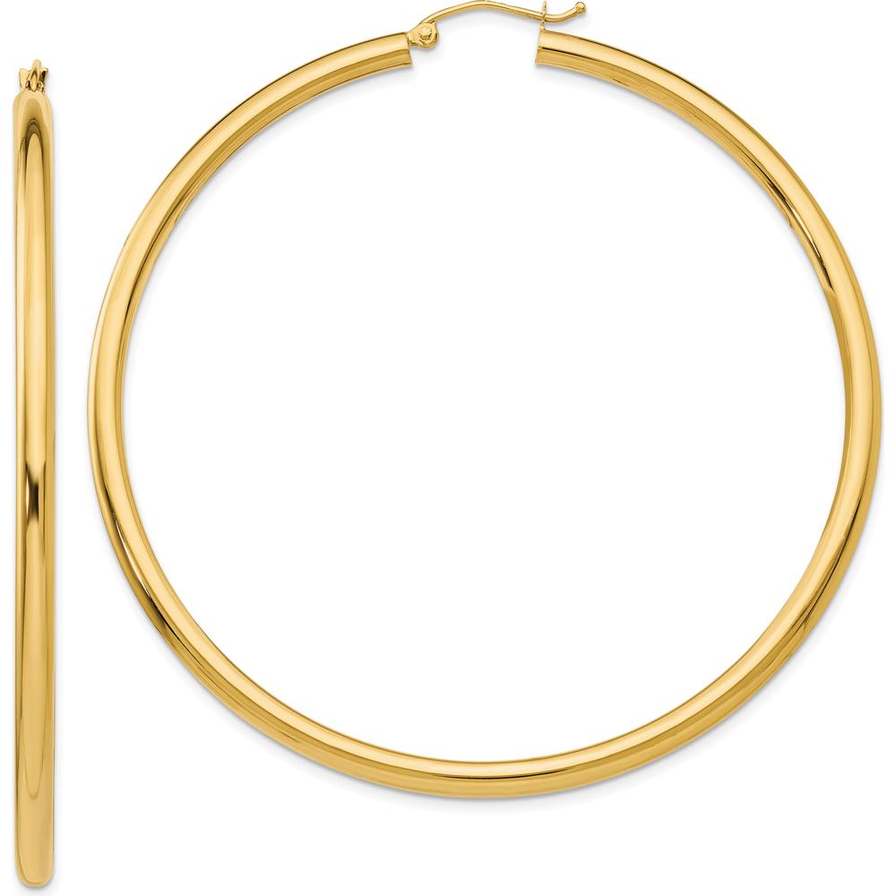 10K Yellow Gold 65mm Polished Tube Hoop Earrings - Lightweight Design