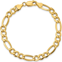 10K Yellow Gold 7.3mm Semi-Solid Figaro Chain Bracelet - Lightweight and Polished Design