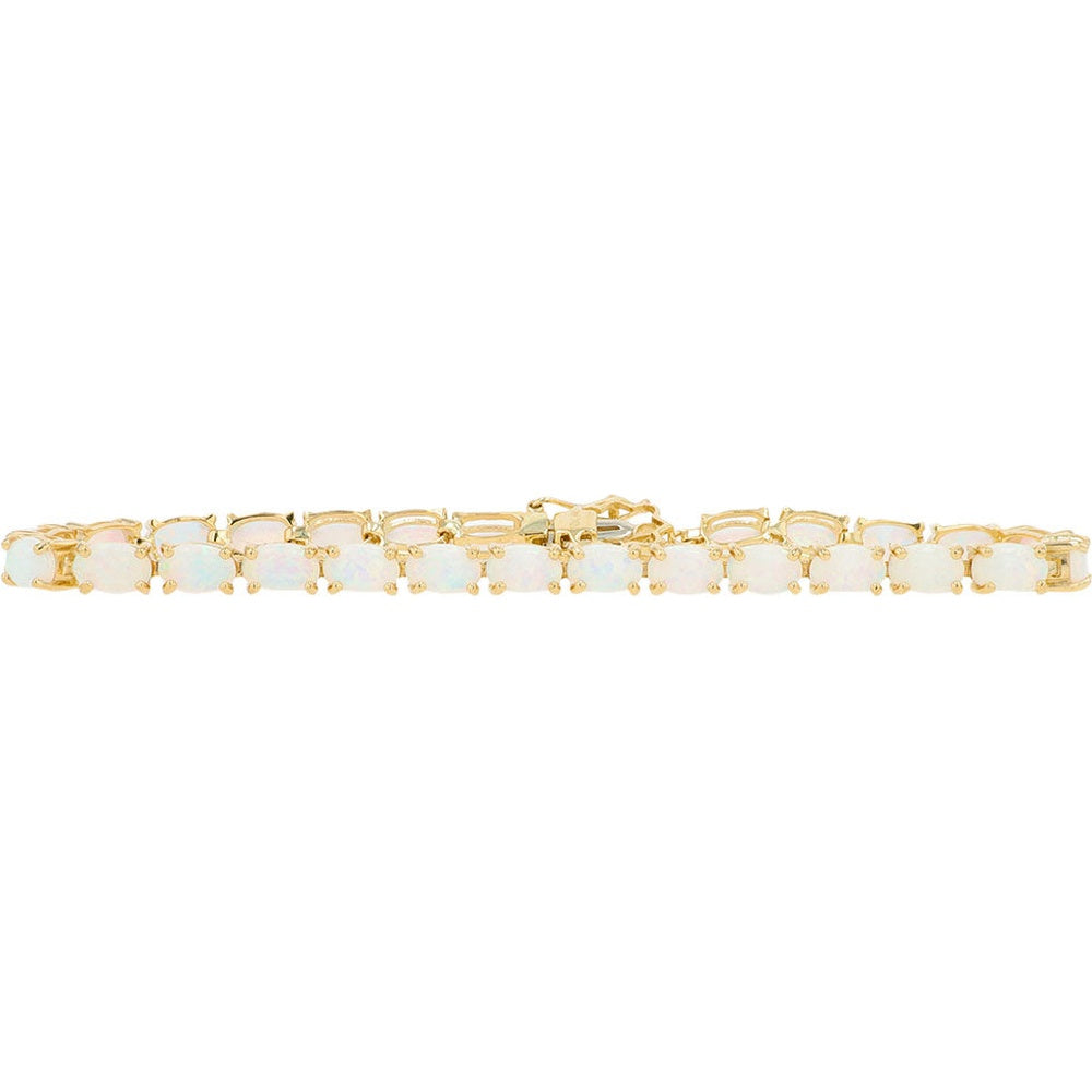 10K Yellow Gold 7.5 Inch Tennis Bracelet with Prong-Set Oval Created Opals and Diamond Accents - 0.04 Carat Total Diamond Weight