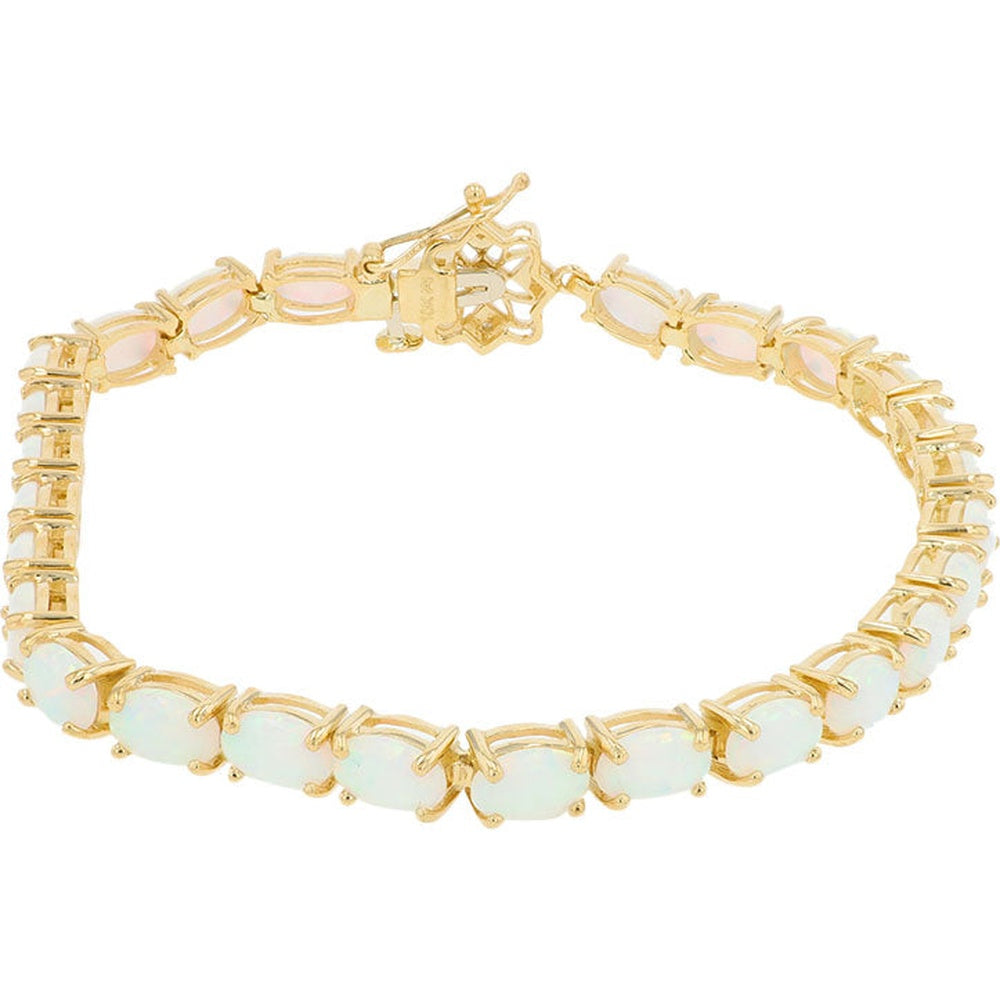 10K Yellow Gold 7.5 Inch Tennis Bracelet with Prong-Set Oval Created Opals and Diamond Accents - 0.04 Carat Total Diamond Weight