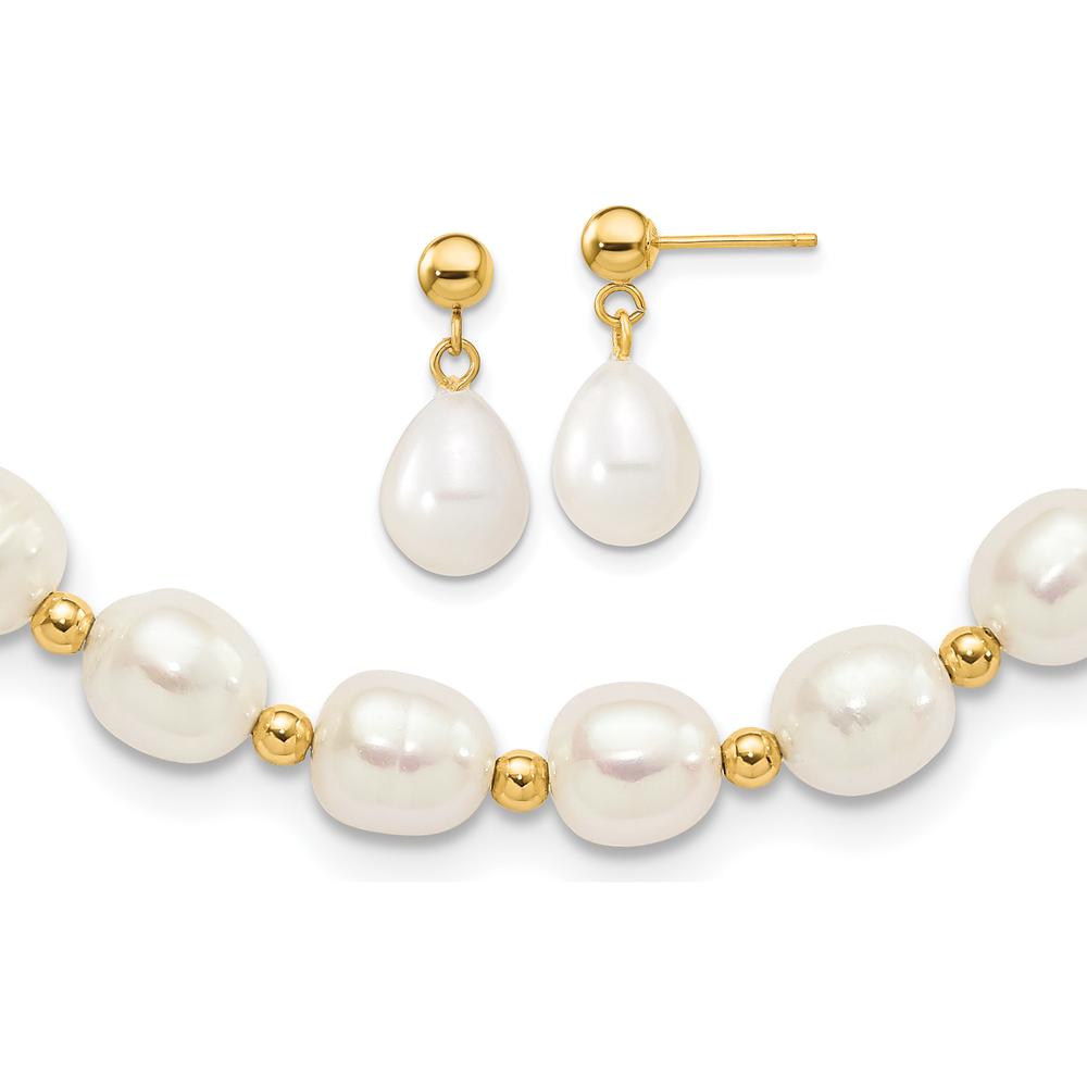 10K Yellow Gold 7-8mm White Rice Freshwater Cultured Pearl 18" Necklace with Dangle Earring Set