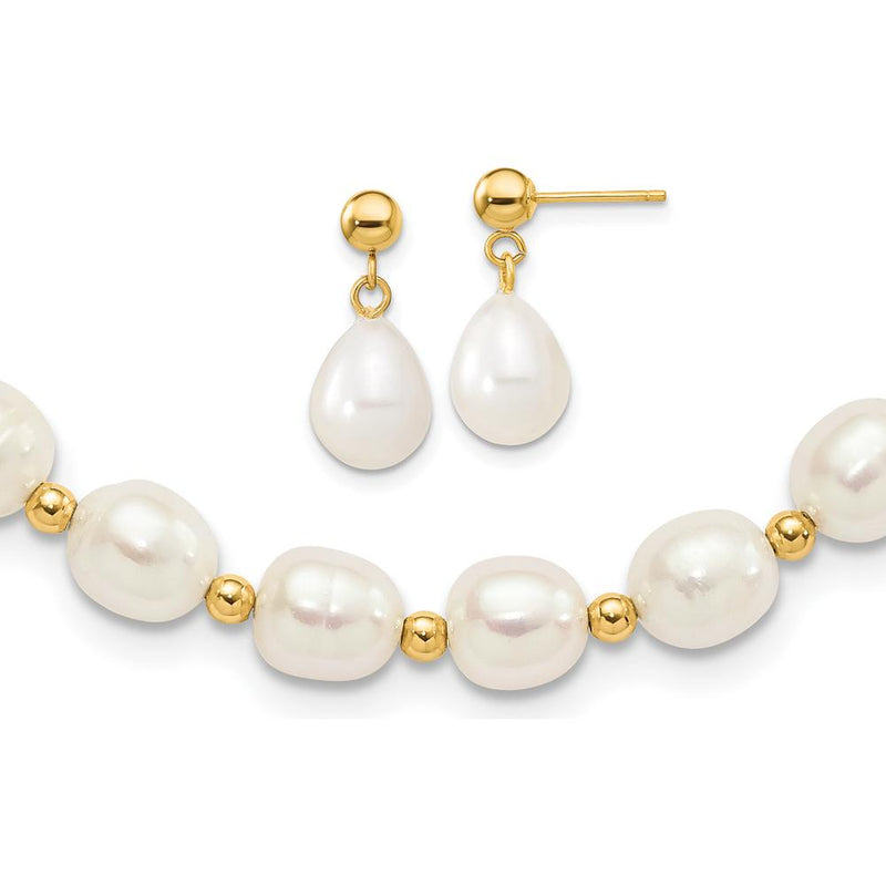 10K Yellow Gold 7-8mm White Rice Freshwater Cultured Pearl 18" Necklace with Dangle Earring Set