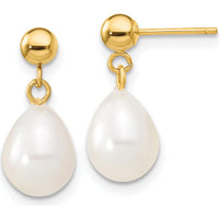 10K Yellow Gold 7-8mm White Rice Freshwater Cultured Pearl 18" Necklace with Dangle Earring Set