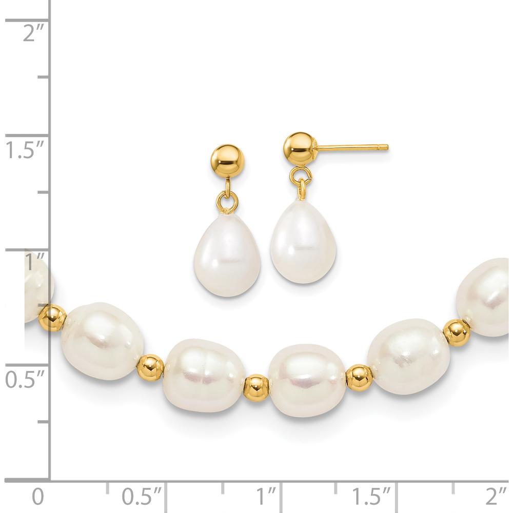10K Yellow Gold 7-8mm White Rice Freshwater Cultured Pearl 18" Necklace with Dangle Earring Set