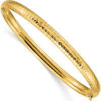 10K Yellow Gold 7" Fancy Hammered Hinged Bangle Bracelet - Polished Finish with Diamond-Cut Texture