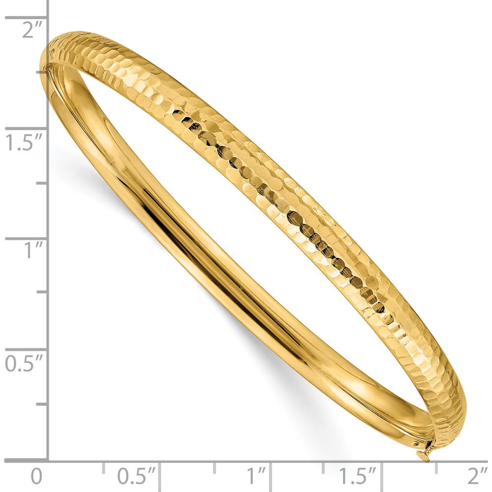 10K Yellow Gold 7" Fancy Hammered Hinged Bangle Bracelet - Polished Finish with Diamond-Cut Texture