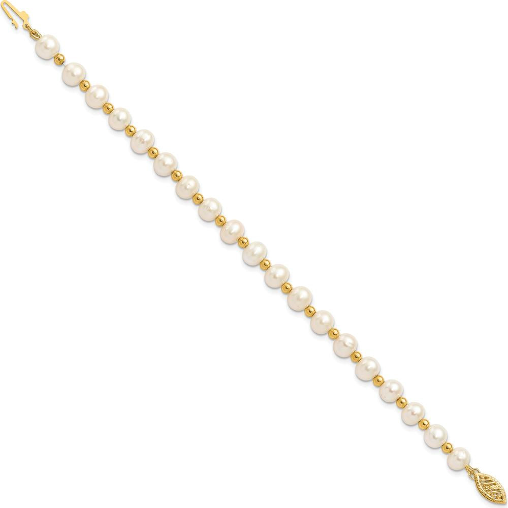 10K Yellow Gold 7" Freshwater Cultured Pearl Beaded Bracelet with Near Round Pearls - 6-7mm