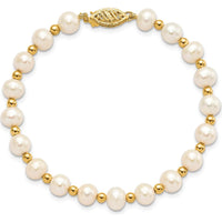 10K Yellow Gold 7" Freshwater Cultured Pearl Beaded Bracelet with Near Round Pearls - 6-7mm