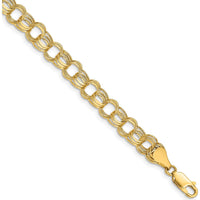 10K Yellow Gold 7mm Triple Link Charm Bracelet with Diamond-Cut Texture