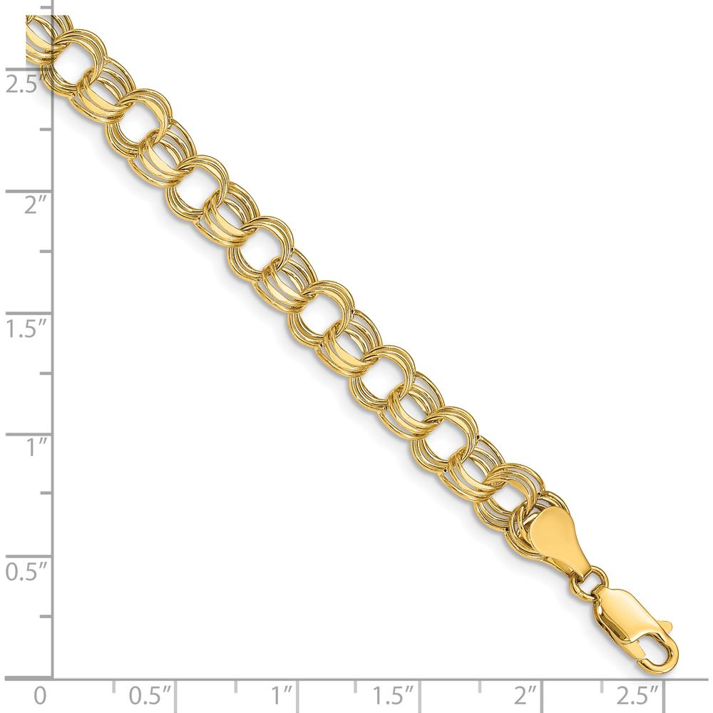 10K Yellow Gold 7mm Triple Link Charm Bracelet with Diamond-Cut Texture