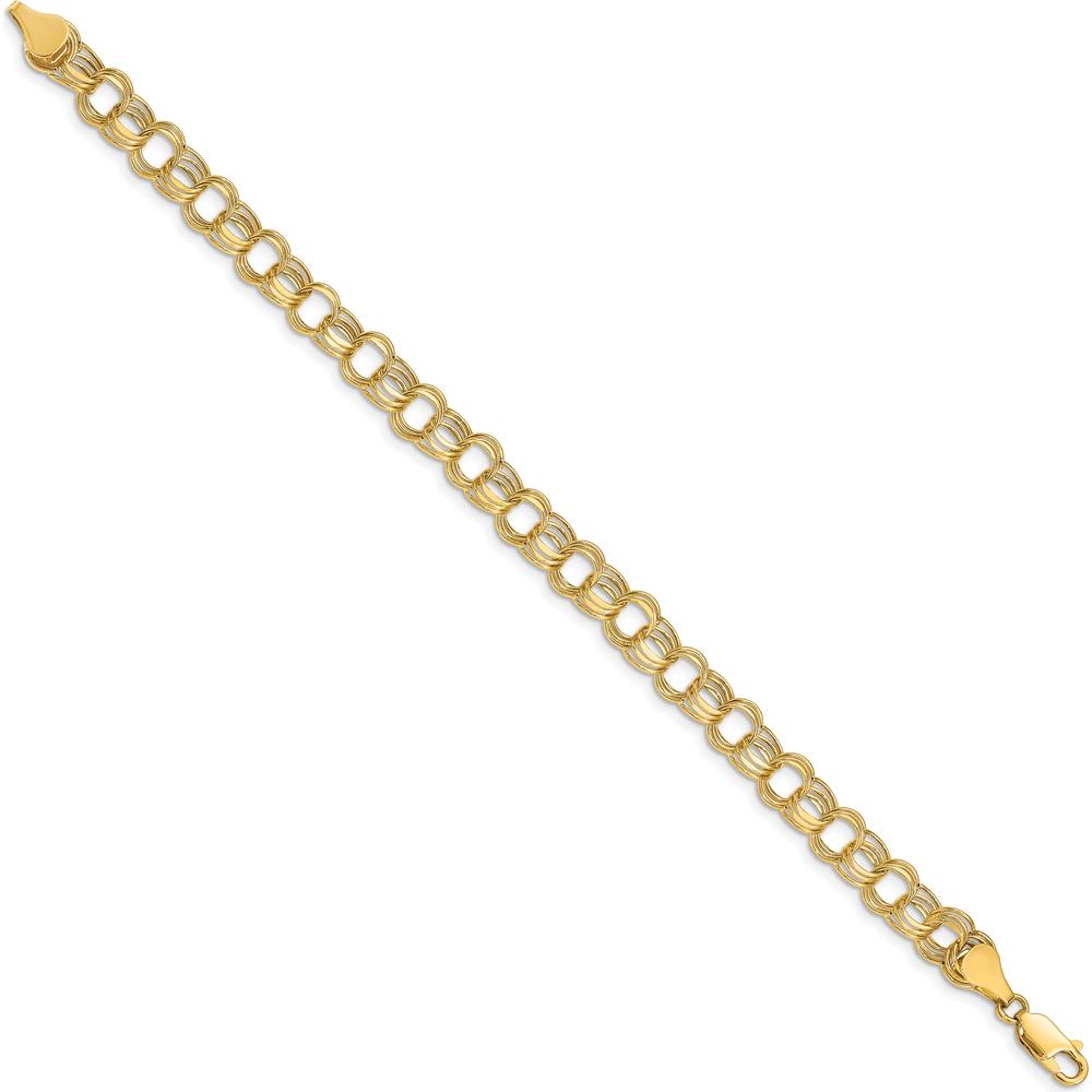 10K Yellow Gold 7mm Triple Link Charm Bracelet with Diamond-Cut Texture