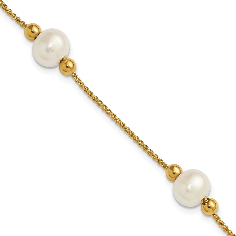 10K Yellow Gold 8-9mm Semi-Round White Freshwater Cultured Pearl 3-Station Bracelet - 7.5" Length