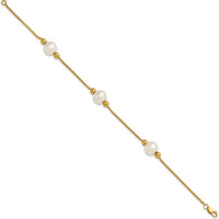10K Yellow Gold 8-9mm Semi-Round White Freshwater Cultured Pearl 3-Station Bracelet - 7.5" Length