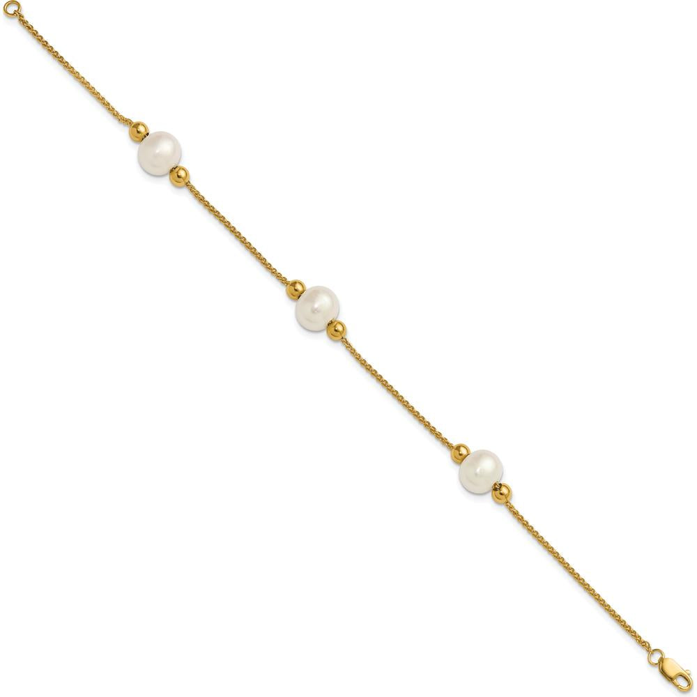 10K Yellow Gold 8-9mm Semi-Round White Freshwater Cultured Pearl 3-Station Bracelet - 7.5" Length