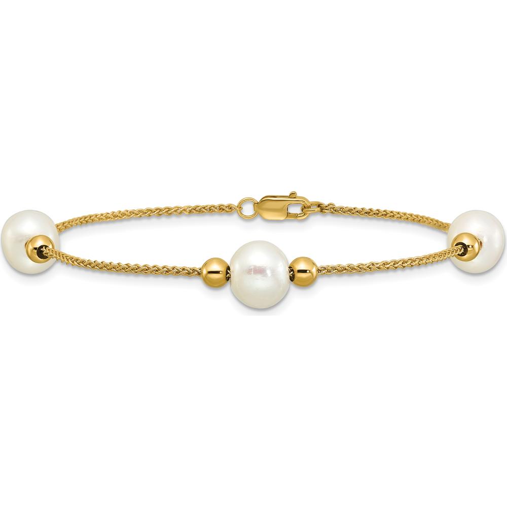10K Yellow Gold 8-9mm Semi-Round White Freshwater Cultured Pearl 3-Station Bracelet - 7.5" Length