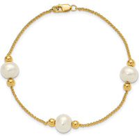 10K Yellow Gold 8-9mm Semi-Round White Freshwater Cultured Pearl 3-Station Bracelet - 7.5" Length