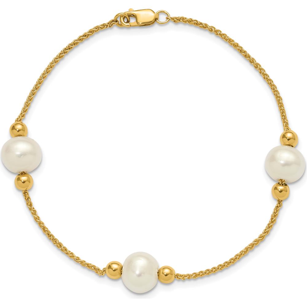 10K Yellow Gold 8-9mm Semi-Round White Freshwater Cultured Pearl 3-Station Bracelet - 7.5" Length