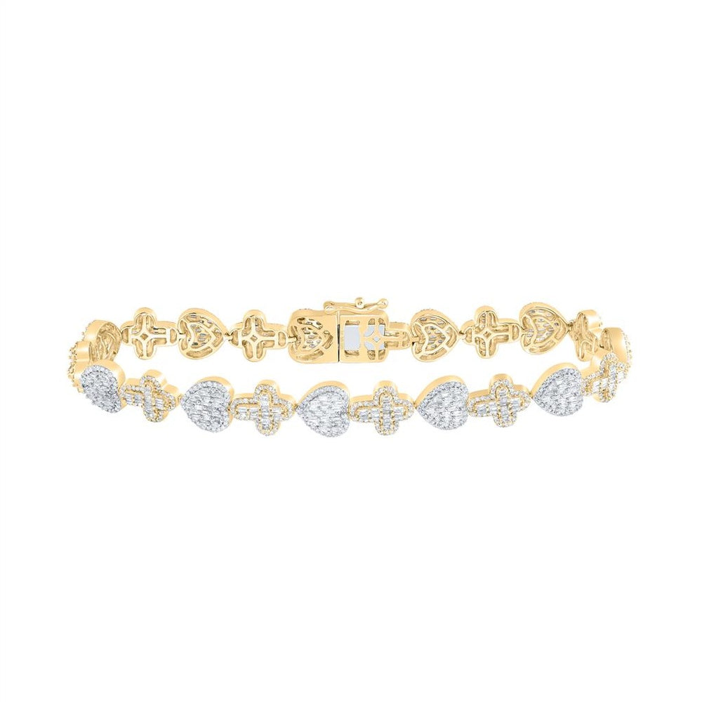 10K Yellow Gold 8-Inch Men's Heart-Link Bracelet with Natural Diamond Stations - 3 1/2 Carat Total Diamond Weight