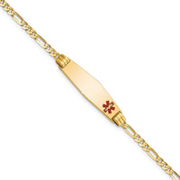 10K Yellow Gold 8" Medical Alert Figaro Bracelet with Red Enamel ID Charm - Engravable
