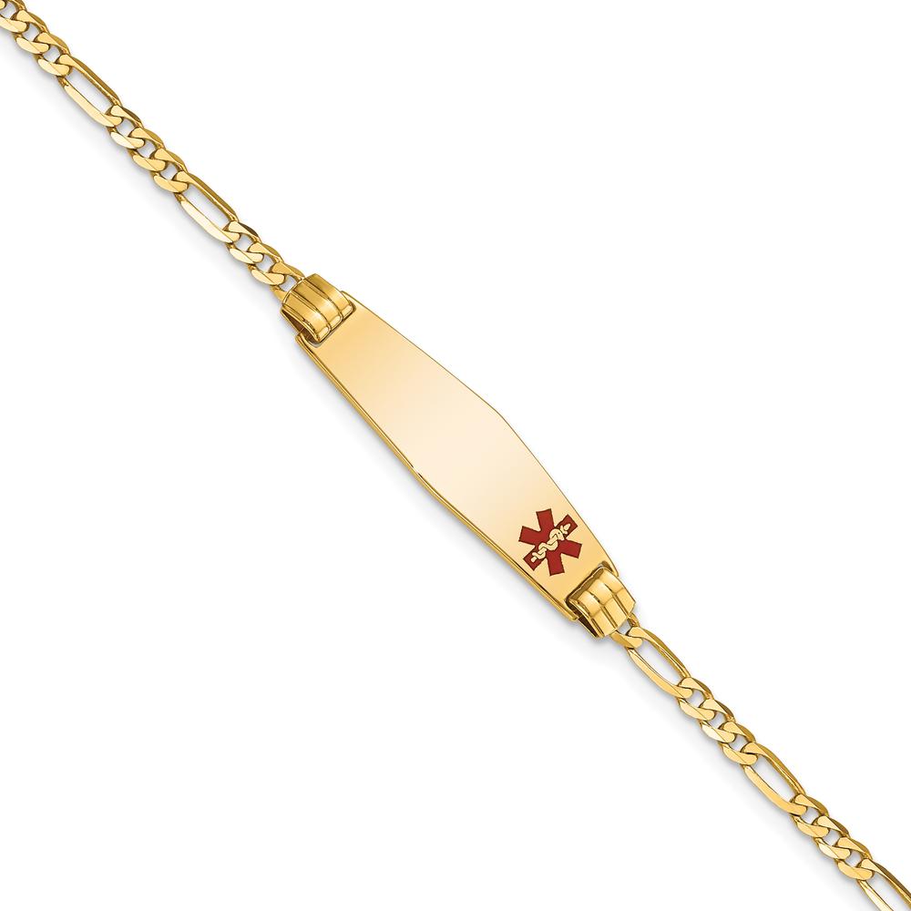 10K Yellow Gold 8" Medical Alert Figaro Bracelet with Red Enamel ID Charm - Engravable
