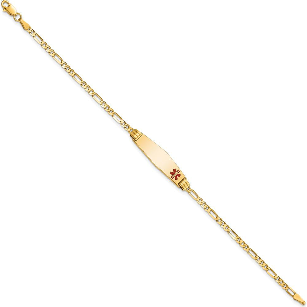 10K Yellow Gold 8" Medical Alert Figaro Bracelet with Red Enamel ID Charm - Engravable