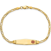 10K Yellow Gold 8" Medical Alert Figaro Bracelet with Red Enamel ID Charm - Engravable