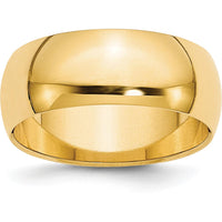 10K Yellow Gold 8mm Half Round Wedding Band with Polished Finish - Size 7