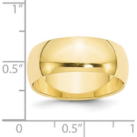 10K Yellow Gold 8mm Polished Half Round Wedding Band - Size 12
