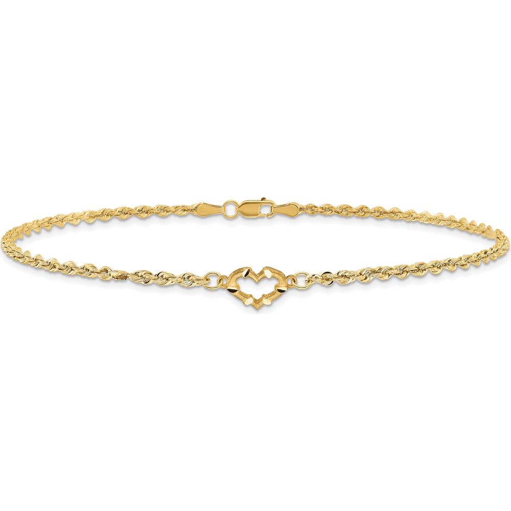 10K Yellow Gold 9" Diamond-Cut Rope Chain Anklet with Open Heart Charm