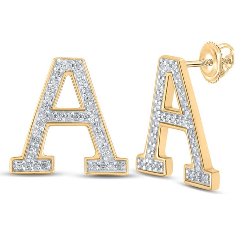 10K Yellow Gold "A" Initial Stud Earrings with Prong-Set Round Diamonds - 1/6 Carat Total Diamond Weight