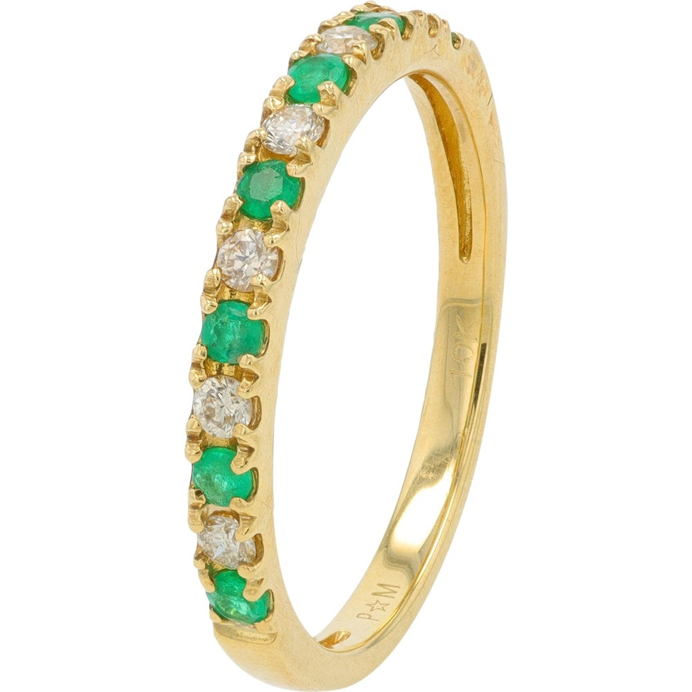10K Yellow Gold Alternating Band with Round Cut Emeralds and Round Cut Diamonds - 0.17 Carat Total Diamond Weight