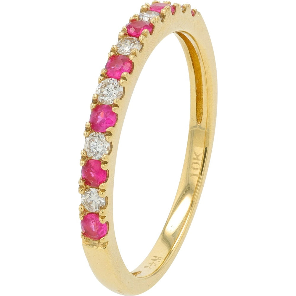 10K Yellow Gold Alternating Round Ruby and Diamond Band - 0.17 Carat Total Diamond Weight