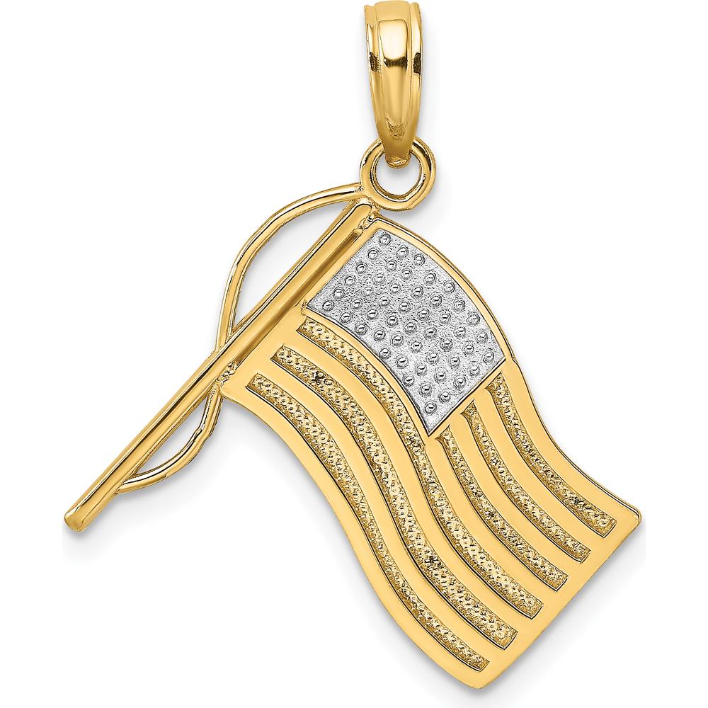 10K Yellow Gold American Flag Charm with Rhodium Accents - Polished Finish, 17.45mm x 18.6mm