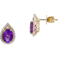 10K Yellow Gold Amethyst Drop Studs with Halo Setting - 2.20 Carat Total Gem Weight