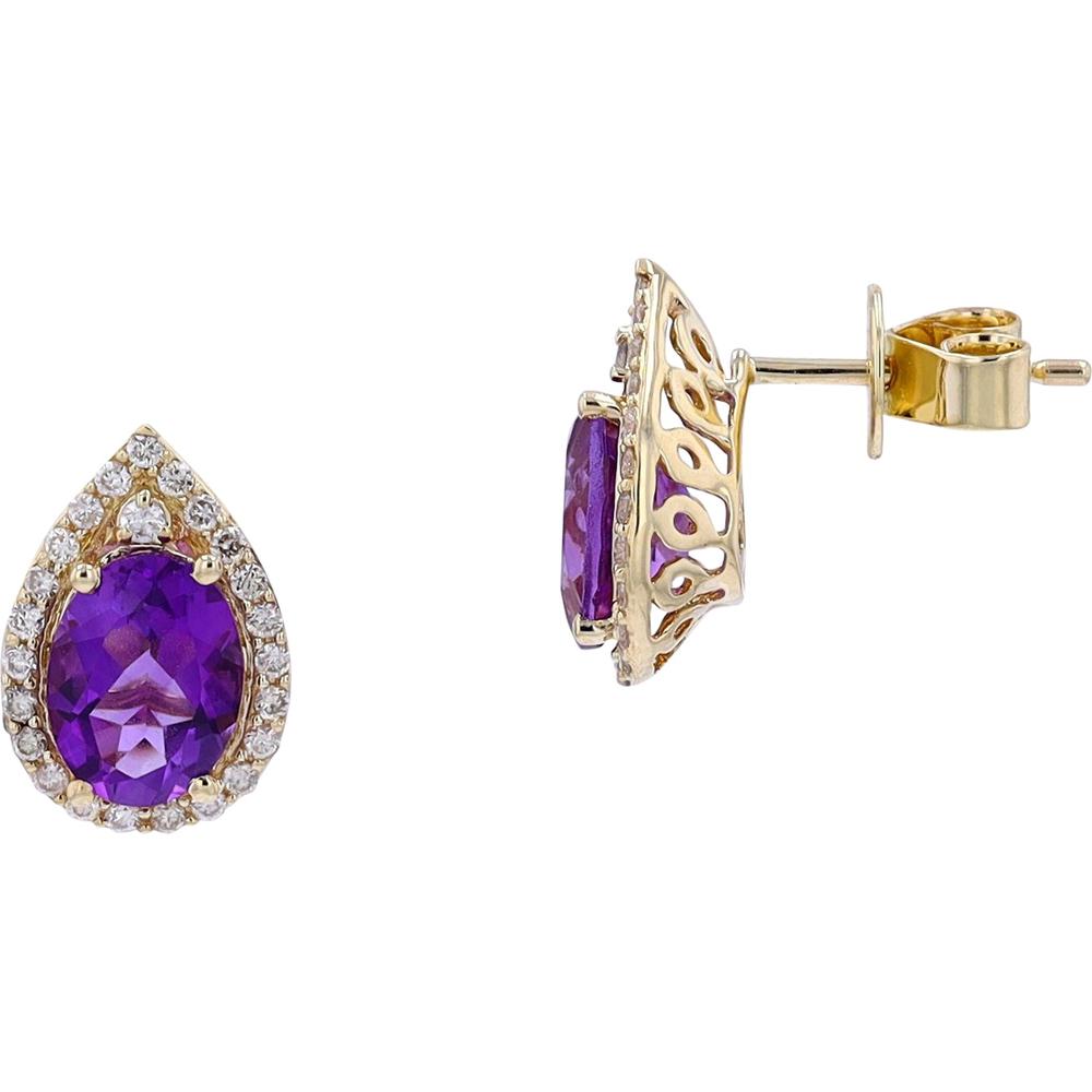 10K Yellow Gold Amethyst Drop Studs with Halo Setting - 2.20 Carat Total Gem Weight