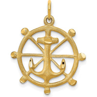 10K Yellow Gold Anchor in a Wheel Charm Pendant - 26mm Length