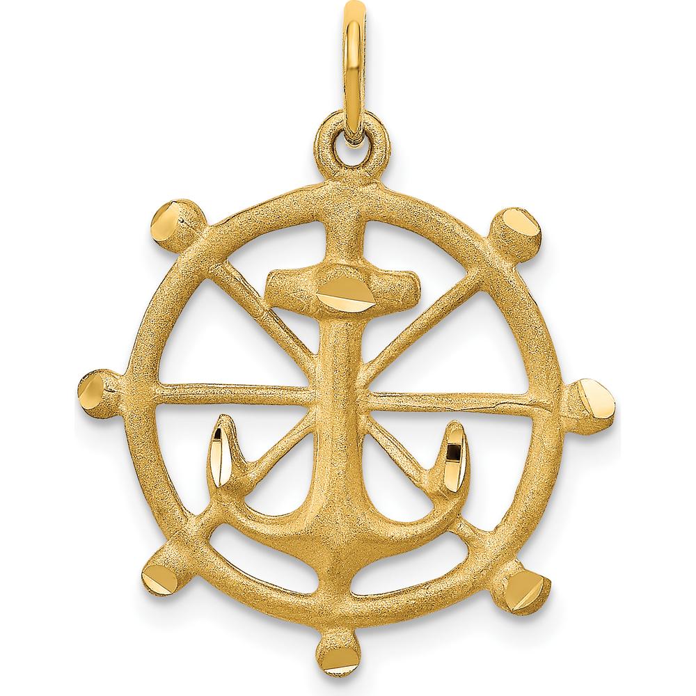 10K Yellow Gold Anchor in a Wheel Charm Pendant - 26mm Length