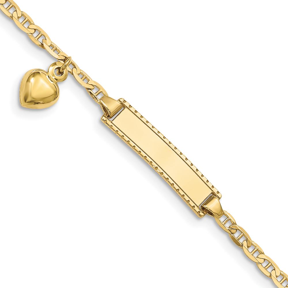 10K Yellow Gold Anchor Link ID Bracelet with Heart Charm - 6" Length