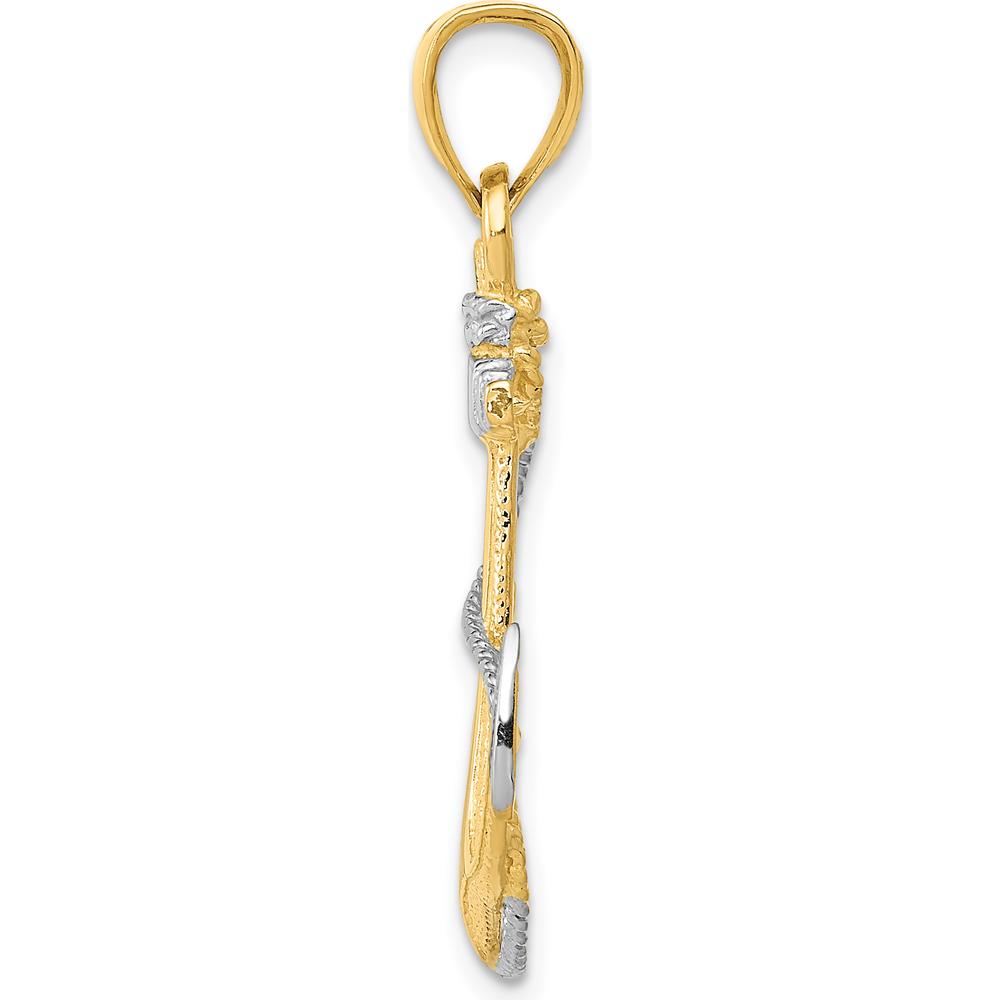 10K Yellow Gold Anchor Pendant with Rhodium Rope Accents - Polished Finish, 32mm Length