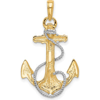 10K Yellow Gold Anchor Pendant with Rhodium Rope Accents - Polished Finish, 32mm Length