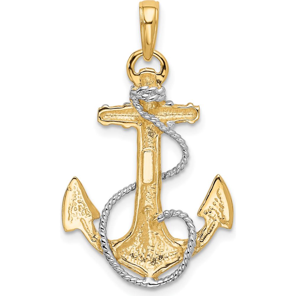 10K Yellow Gold Anchor Pendant with Rhodium Rope Accents - Polished Finish, 32mm Length