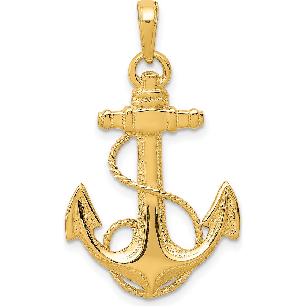 10K Yellow Gold Anchor with Rope Pendant - 33mm Length