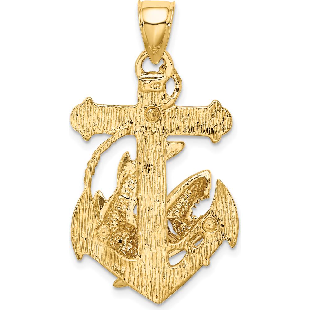 10K Yellow Gold Anchor with Shark Charm Pendant - Nautical Style
